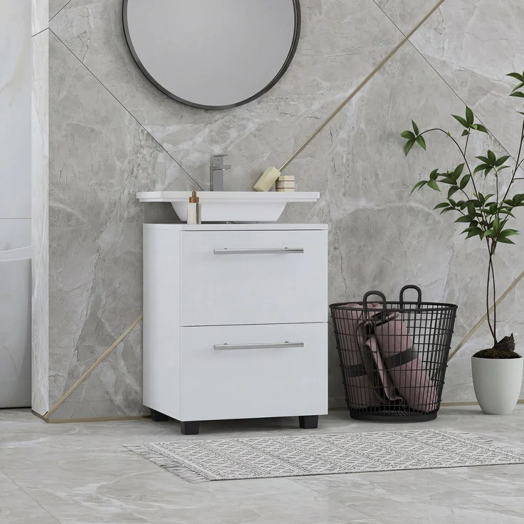 Badezimmerschrank, Waschbecken-Kommode mit Schublade, kompakt, Spanplatte, Weiß--Weiß--59x35.5x41.5cm--YOUDENOVA – Bild 4