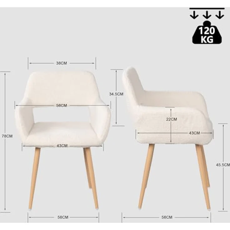MEUBLE COSY Esszimmerstühle 2er Set Küchenstühle Sessel Wohnzimmerstuhl Polsterstuhl mit Armlehne Rückenlehne Sitzfläche aus Sherpa Metallbeine, Skandinavisch, Weiß – Bild 4