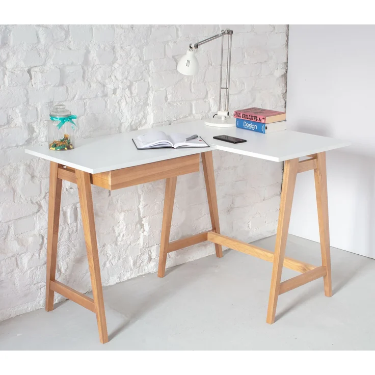 Ragaba Eckschreibtisch mit Schublade und Fußstütze, MDF & Massives Eschenholz, 115x85 cm, Weiß, Rechts – Bild 3
