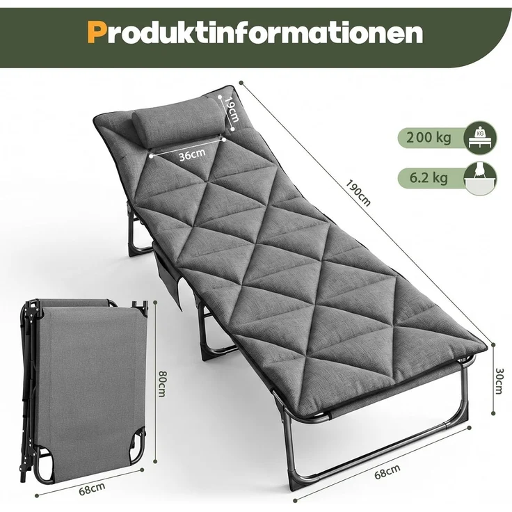 Sekey 6-Fach Verstellbar Campingbett 190 cm Feldbett Klappbar mit Matratze und befestigbarem Kopfkissen, Grau – Bild 6