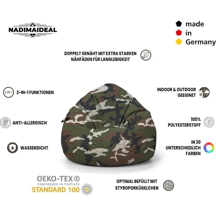 Nadimaideal Sitzsack Tropfenform Kastanie | Bodenkissen für Kinder & Erwachsene | Indoor & Outdoor | Gaming Sitzsack - Sitzkissen - Beanbag | Füllung EPS Perlen (Soldadisch, XXL-Durchmesser 88 cm) – Bild 3