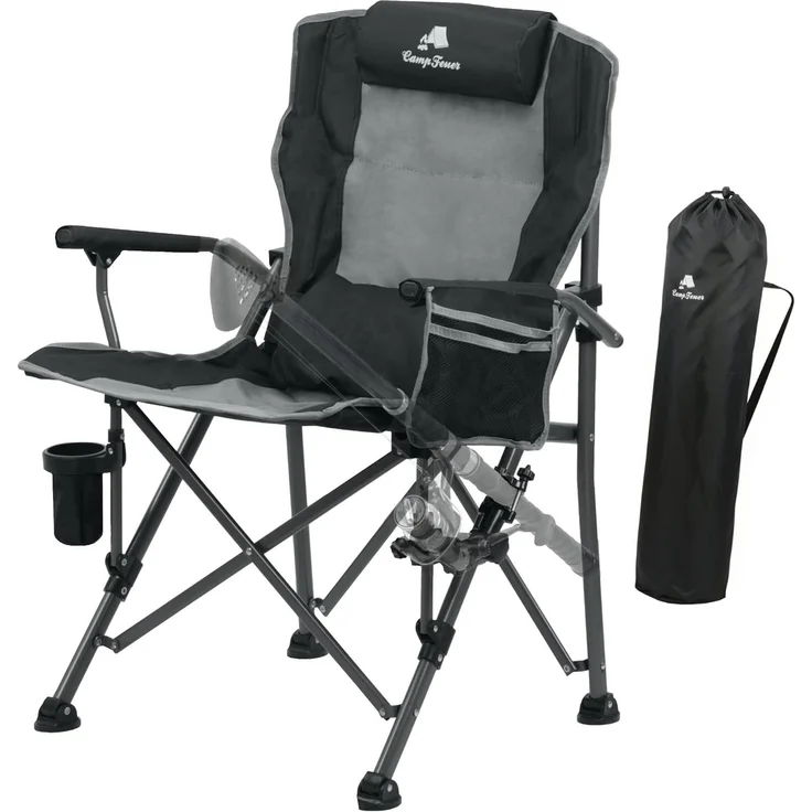 CampFeuer Angelstuhl mit Angelhalterung Grau / Schwarz, Outdoor Campingstuhl, Faltbarer Kar – Bild 1