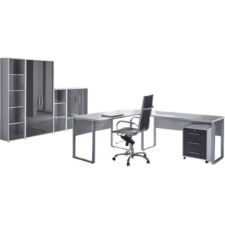 BMG Möbel Büromöbel-Set Office Edition, (Büroset, 6 tlg), Rollcontainer und Aktenschrank abschließbar