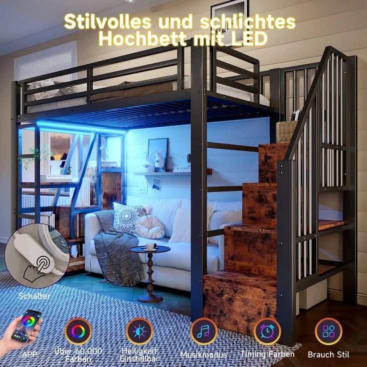 Hochbett mit RGB LED-Streifen und Regal, 90x200cm, Metallbett mit Rausfallschutz, Lattenrost und Treppe, Kinderbett – Bild 5