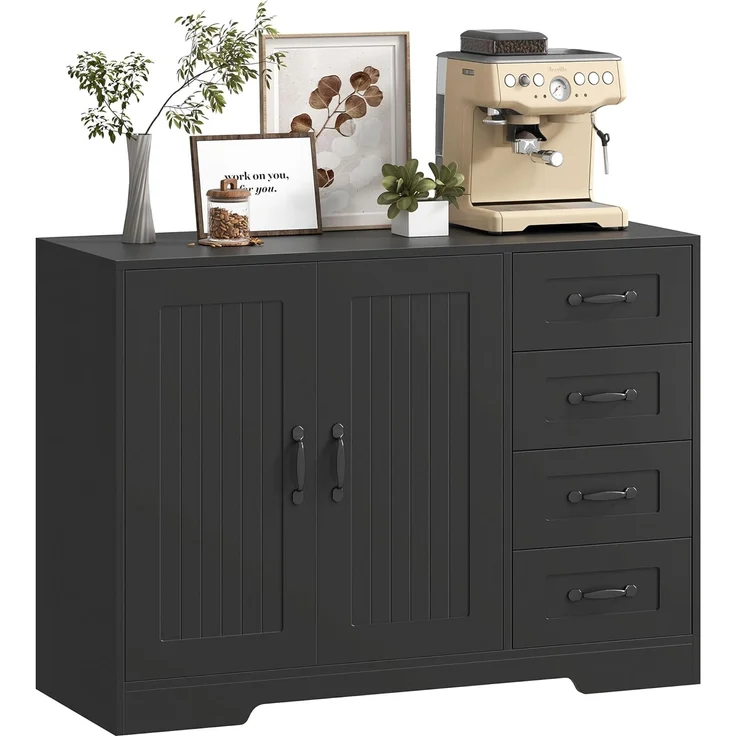 HOMCOM Sideboard Beistellschrank mit 4 Schubladen, 2 Türen, verstellbarem Einlegeboden (Aufbewahrungsschrank, 1 St, Küchenschrank), für Wohnzimmer, 105 x 40 x 76 cm, Schwarz – Bild 1