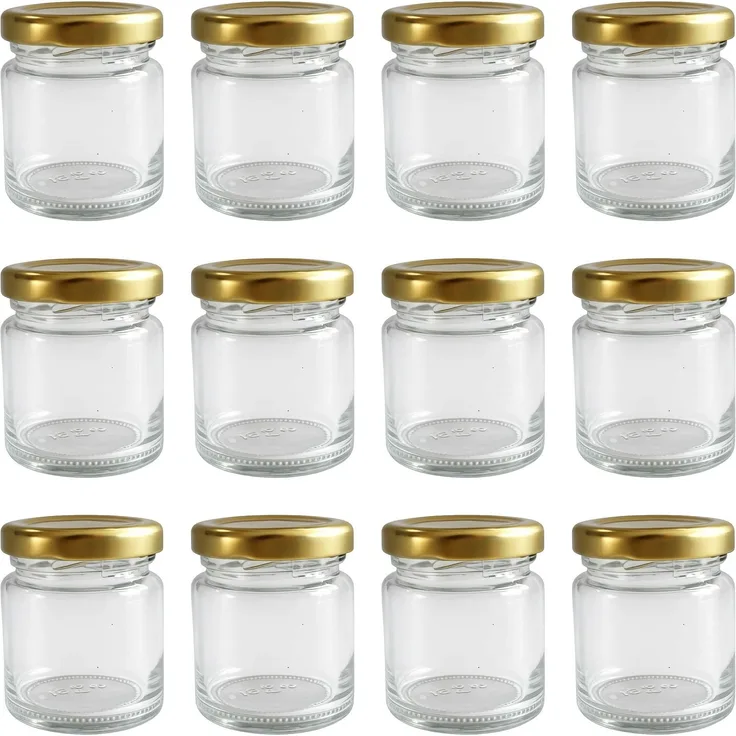 hocz 12x Mini Marmeladengläser 50 ml | mit Deckel Gold TO 43 | kleine Einmachgläser mit Schraubdeckel zum befüllen | Schraubgläser, Sturzgläser Set | leere Gläser für Marmelade | 12 Stück