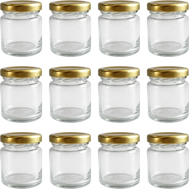hocz 12x Mini Marmeladengläser 50 ml | mit Deckel Gold TO 43 | kleine Einmachgläser mit Schraubdeckel zum befüllen | Schraubgläser, Sturzgläser Set | leere Gläser für Marmelade | 12 Stück