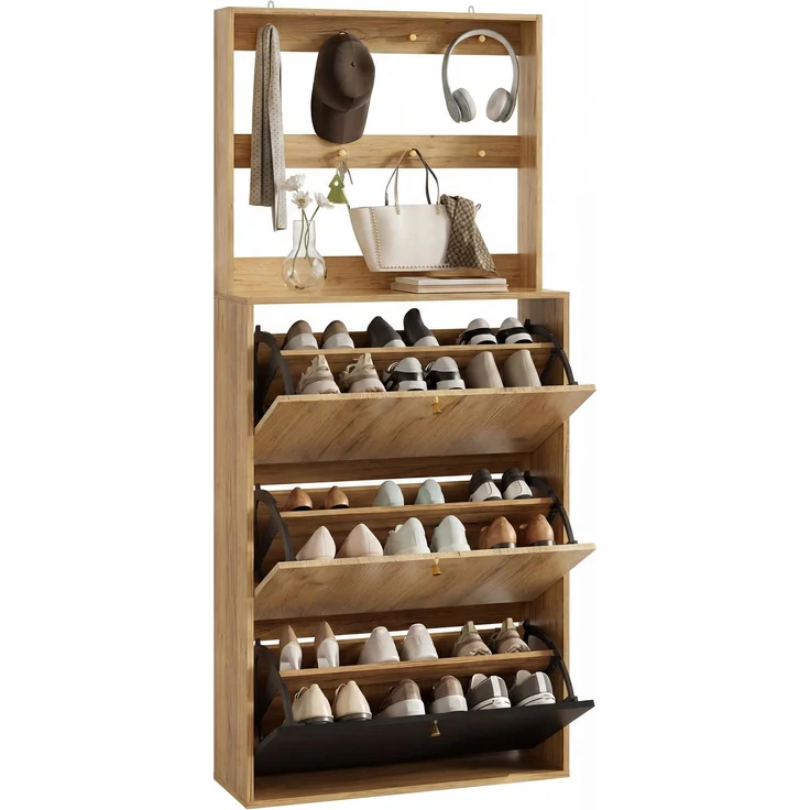 ZUBALIYA Schuhschrank (75 x 24 x 180 cm), Haken zur Aufbewahrung, Aus Spanplatte, Stauraum für Flur und Eingangsbereich, Schwarz / Naturfarben – Bild 11