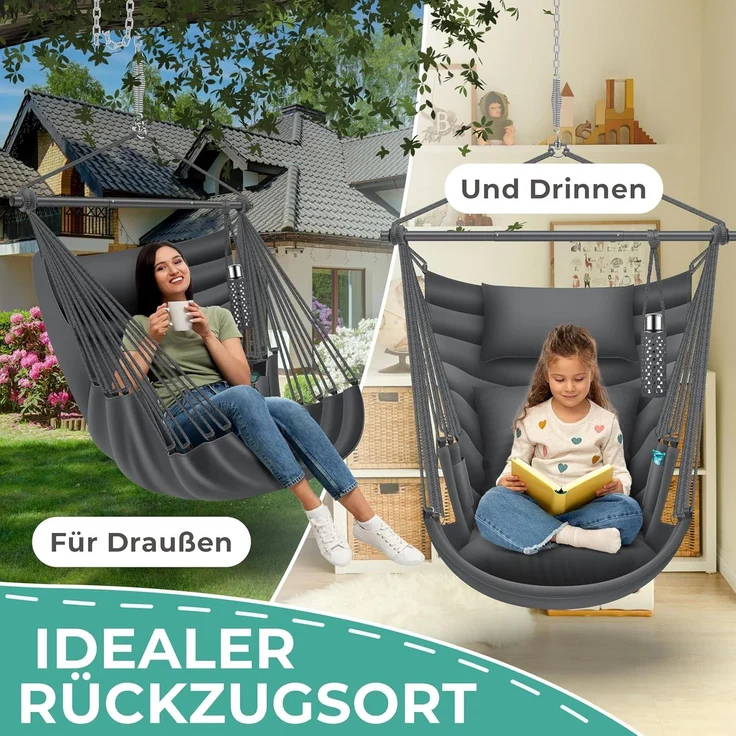 KESSER® Hängesessel Haiti 150kg Traglast, Hängestuhl 360° Drehung, Hängeschaukel Indoor-Outdoor UV-beständig & Wasserfest, Pflegeleicht, Inkl. 2 Kissen, Tragetasche, Flaschenhalter & Montage-Set Anthrazit / Anthrazit – Bild 5