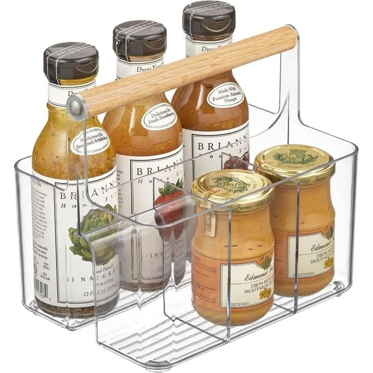 mDesign Aufbewahrungskorb Organizer Caddy 2 Fächer Holzgriff Transparent – Bild 4
