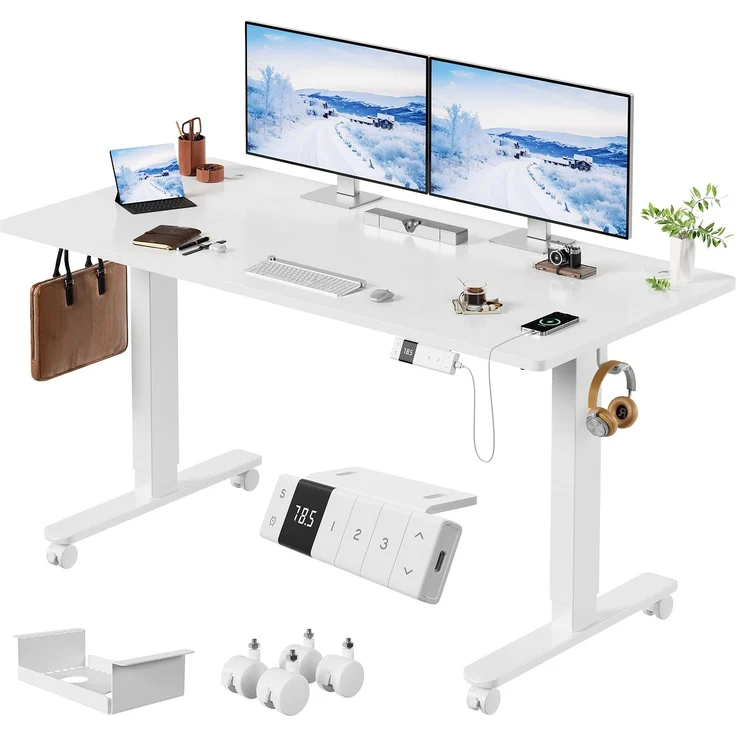 Devoko Höhenverstellbarer Schreibtisch Holzwerkstoff und Metall Weiß 140 x 80 x 72-118 cm – Bild 2