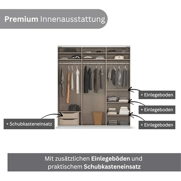 Rauch Möbel Kulmbach, Kleiderschrank mit Schwebetüren für Schlafzimmer, Kinderzimmer, Flur, 3-türig, mit Spiegel und Soft-Close-Funktion, Zubehör Premium, Farbe Weiß, Breite 203 cm – Bild 7