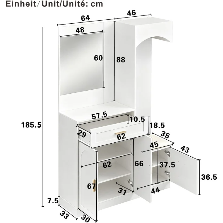 Kompaktgarderobe mit Schuhschrank, Schuhbank, Kosmetikspiegel, verstellbare Einlegeböden, MDF weiß, platzsparend – Bild 8