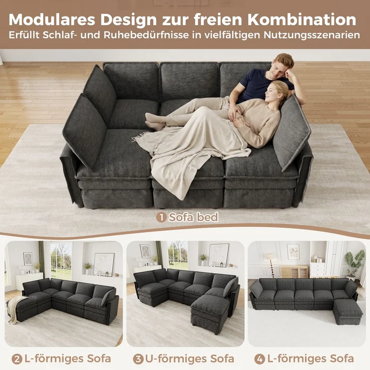 ZUBALIYA Wohnlandschaft 127x91 cm, mit Chenille - Bezug, mit Samtbezug, mit breiten Armlehnen, modular aufgebaut, Beige – Bild 9