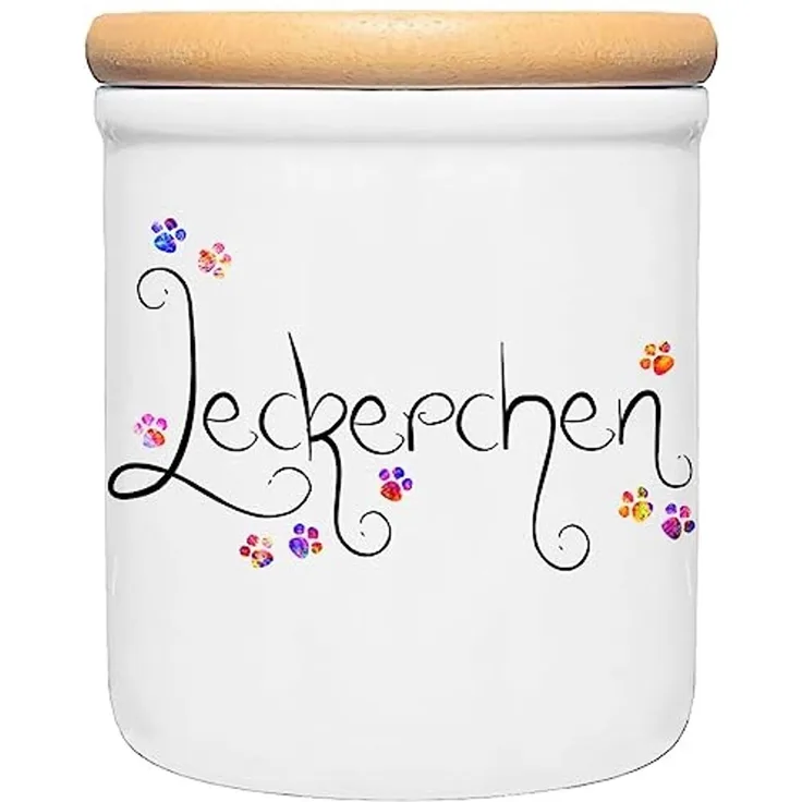 Cadouri Vorratsdose LECKERCHEN - Leckerlidose Hund - für Hundekekse, Keramik, (2-tlg, 1x Keramikdose mit Holzdeckel), Hundekeksdose, handgefertigt in Deutschland, für Hundebesitzer, 400 ml