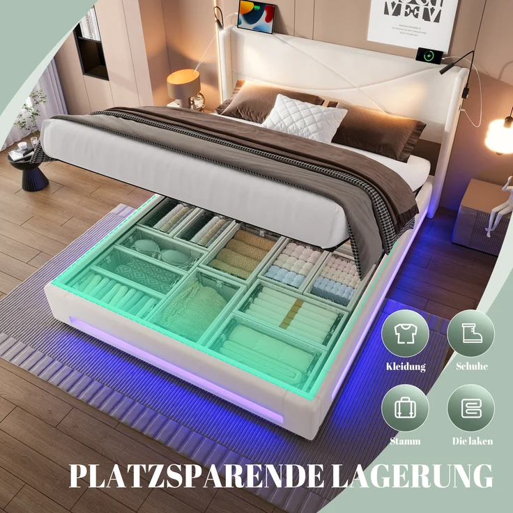 LVHOM Boxbett 140x200cm, Bettgestell mit integrierter Beleuchtung & Stauraum, USB/Typ-C-Ports, XXL-Hydraulik-Storage, platzsparend & Smart-Home-Anschlüssen – Bild 10