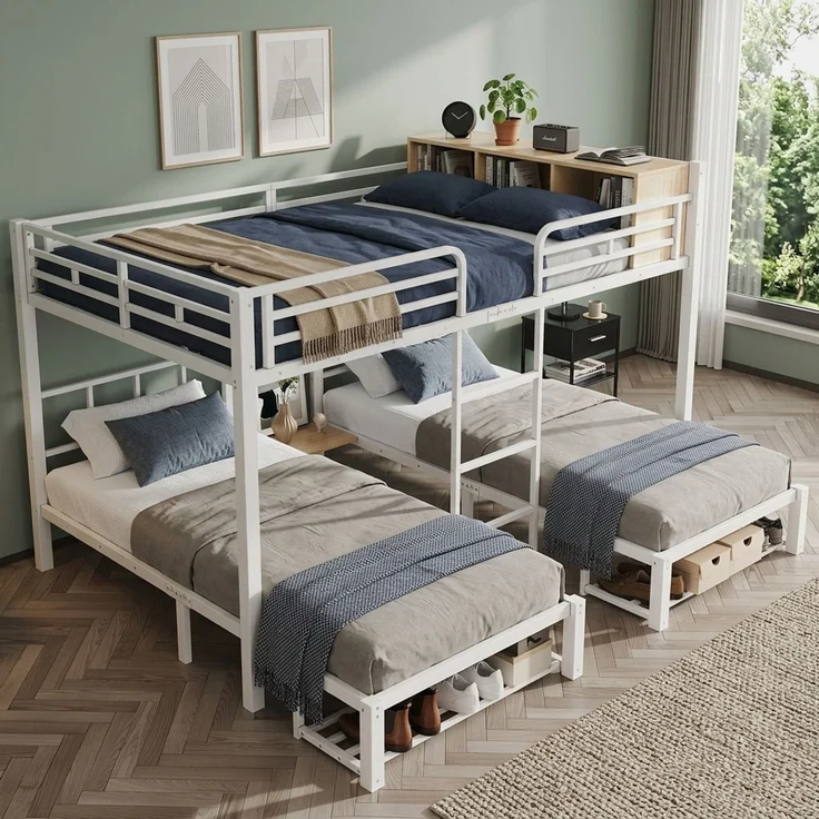 EINHOM Metall-Etagenbett 140 x 200/90 x 200 cm Weiß, Familien-Stockbett mit 3 Schlafplätzen, Offenem Regal, Schuhablage und Leiter für Gästezimmer und Jugendzimmer (Ohne Matratze) – Bild 1