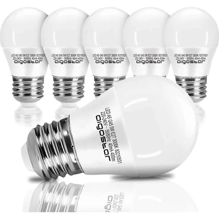 Aigostar LED Leuchtmittel E27 5W Tropfen Birne Licht Warmweiß 3000K 420 Lumen Abstrahlwinkel 180 Grad Tropfen Glühbirne 5er Verpackung