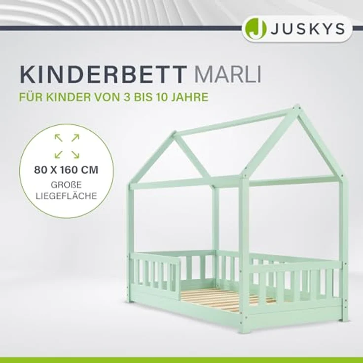 Juskys 'Marli' Hausbett 80x160 cm, mint, Kiefer massiv, mit Rausfallschutz und Lattenrost – Bild 4