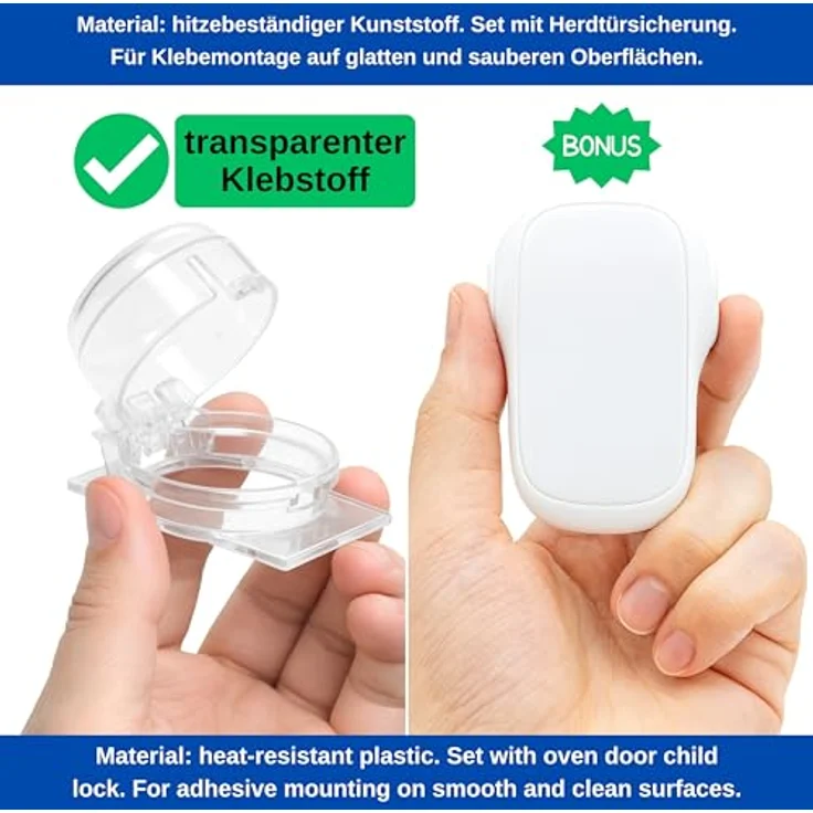 Herd Kindersicherung Set, für 6 Knöpfe, transparenter Kleber, mit Backofentür Kindersicherung in Weiss, für max. Ø 4,9 cm und 4 cm hohe Herdknöpfe mit min. 6,1 cm Abstand Mitte-Mitte, Herdschutz Kit – Bild 4