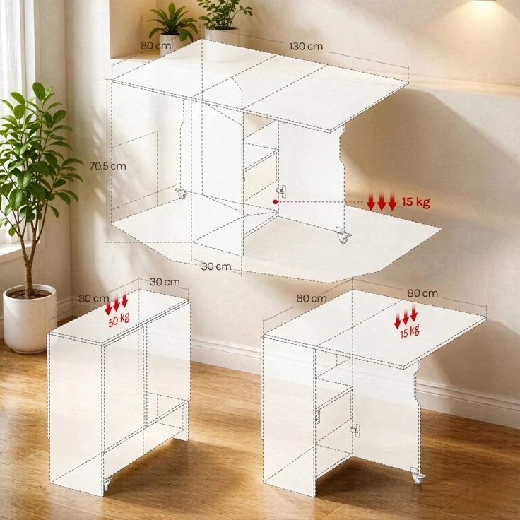Mobiler Couchtisch,Klappbarer Rollentisch mit integriertem Stauraum für flexiblen Einsatz,Klapptisch,Funktionaler Beistelltisch,Erweiterbarer Esstisch(nur mit 1pcs Esstisch)--Weiß--95x90x35cm--YOUDENOVA – Bild 4
