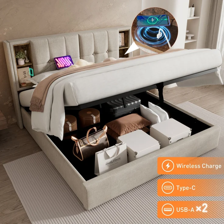 EINHOM Doppelbett 180x200cm mit Stauraum Lattenrost, Polsterbett mit Kabellosem Laden USB C, Leinen, Natürlich (Ohne Matratze) – Bild 3