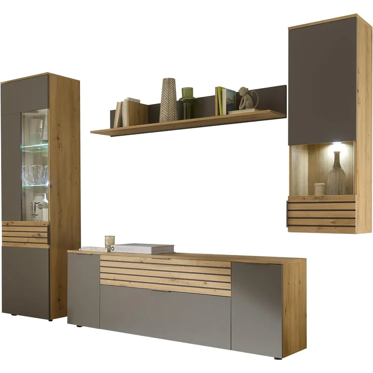 Anbauwand BZ5110 Wohnwand Artisan Eiche Nb. / Grau Akustiklamellen ca. 280 x 199 x 37 cm