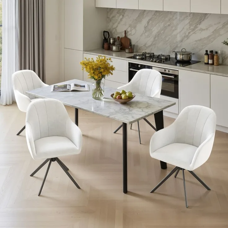 Hawthyhome 4-Fußstuhl Esszimmerstuhl drehbar mit Armlehne, 360° Drehfunktion, Leinenbezug, stabiles schwarzes Metallgestell, moderner Küchenstuhl für Esszimmer, Wohnzimmer, Büro & Homeoffice, Weiß