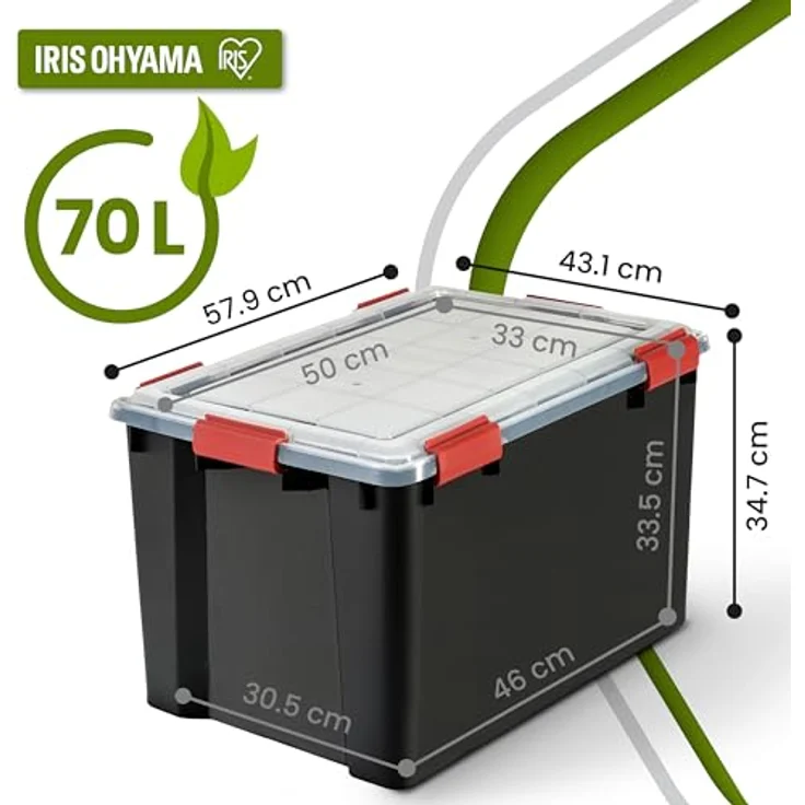 Iris Ohyama Luftdichte Kunststoff-Aufbewahrungsboxen mit Deckel, 70L, Rot, Transparent, Hermetischer wasserdichter Verschluss, Robuste Schnappverschlüsse, Stapelbar, Staubschutz, BPA-frei, WSB-70 – Bild 2