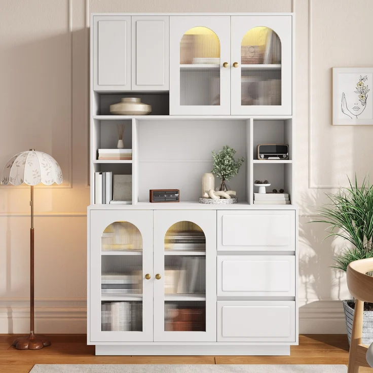 Hoher Sideboard Schrank, Küchen Staurschrank mit Bogen-Acryltüren, Bar-Schrank mit offenen Fächern, Schrank mit APP-gesteuerter farbverstellbarer LED-Beleuchtung,Wohnzimmer Vorratschrank--Weiß--106x30x175cm--YOUDENOVA – Bild 1
