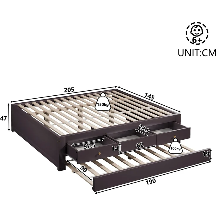Holzbett 140x200 cm mit 3 Schubladen und ausziehbarem Gästebett – Kaffeebraun (ohne Matratze) – Bild 5