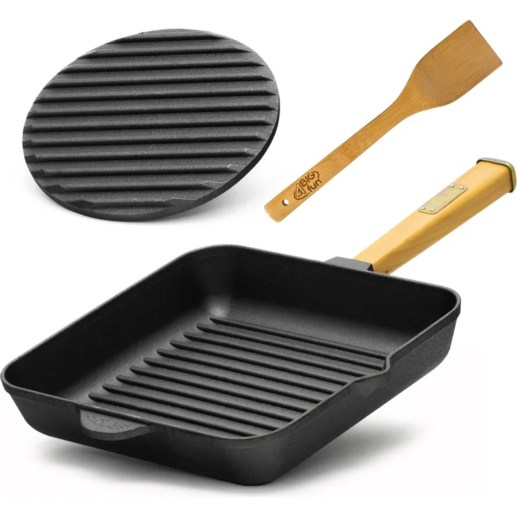 28cm Gusseisen Grillpfanne Holzgriff Pressdeckel Bratpfanne Pfanne Feuerpfanne Pfannenwender Induktion