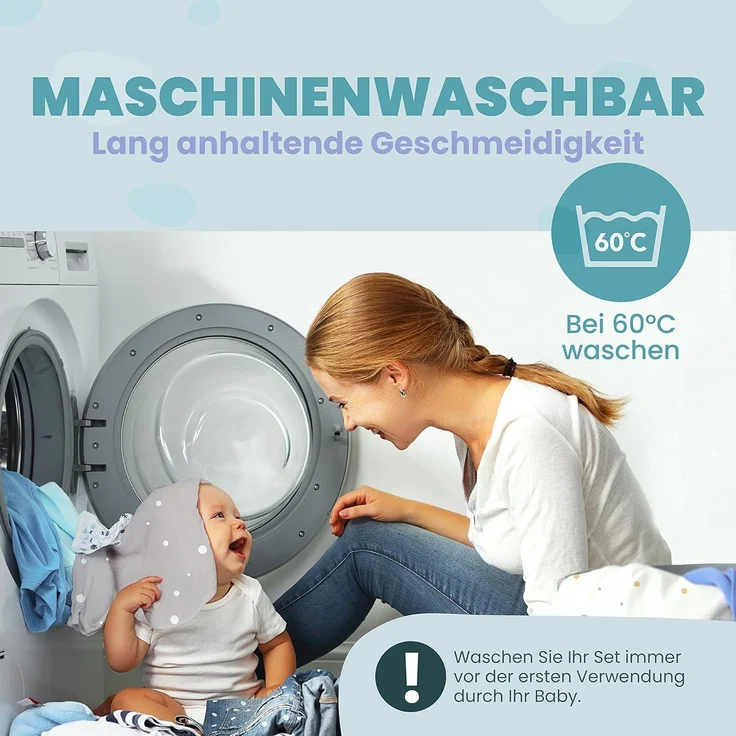 2X Spannbettlaken aus 100% Baumwolle mit Gummiband - 1X Matratzenschoner aus 100% wasserdichtem Material - 3er-Set - 55x90 cm - Grau – Bild 7