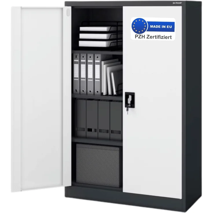 Aktenschrank abschließbar KADO - 4 Ebenen verstellbar, Flügeltüren | Metallschrank Werkstatt Mehrzweckschrank Büroschrank aus Stahl Werkzeugschrank, 140x90x40cm Anthrazit-Weiß – Bild 1