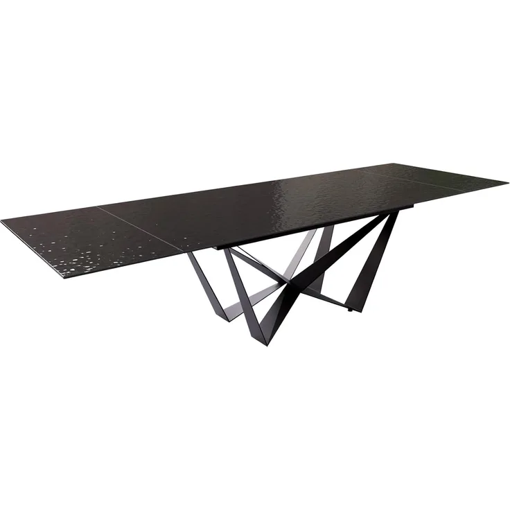 Esstisch Edge 200-300x100 Reliefglas Rauchschwarz 3D-Design Spider Flachstahl Schwarz ausziehbar