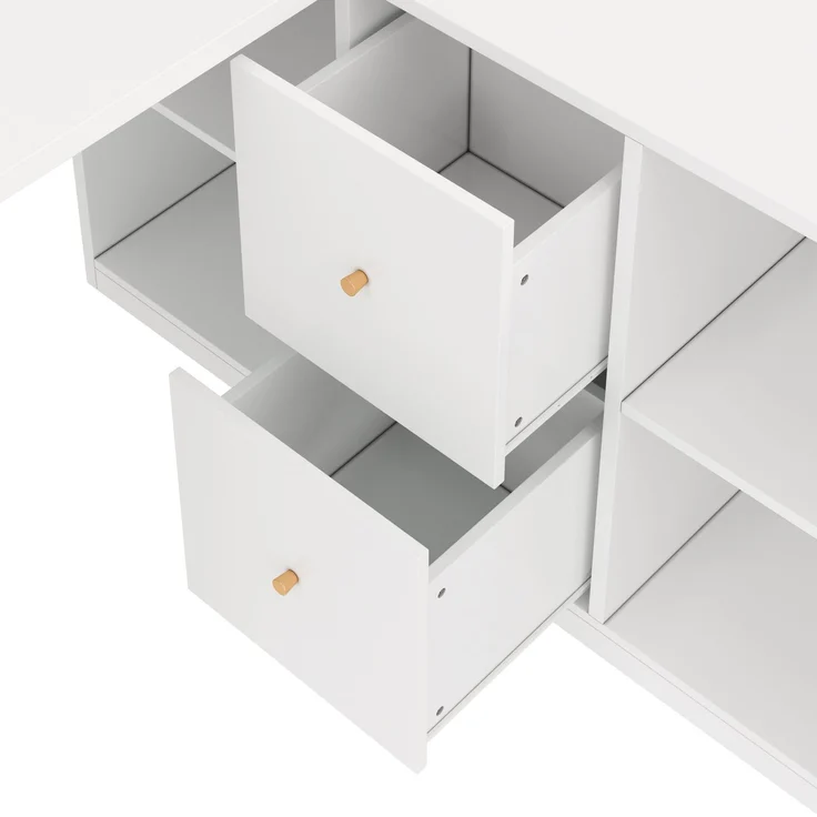 Eckschreibtisch 120 x 50 x 78 cm und 130x35 cm, links oder rechts montierbar, mit 2 Schubladen und 4 offenen Fächern – Bild 9