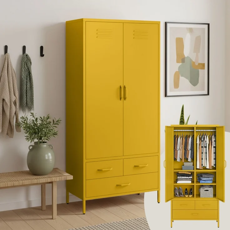 skølm 'Atria' Kleiderschrank mit 3 Schubladen, Metall, 170x45x80 cm, senfgelb, Garderobe mit 4 Fächern und 2 Kleiderstangen – Bild 1