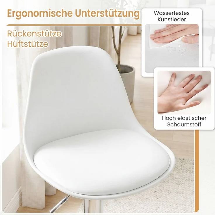 2er Set Barhocker 360 °Drehbarer Barstuhl Höhenverstellbarer Tresenhocker Küchenhocker Weiß SH748 – Bild 5