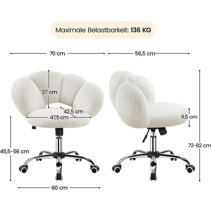 Yaheetech Drehstuhl mit Schaukelfunktion, Höhenverstellbar (45,5 - 56 cm), Bouclé-Gewebe, Weiß – Bild 4