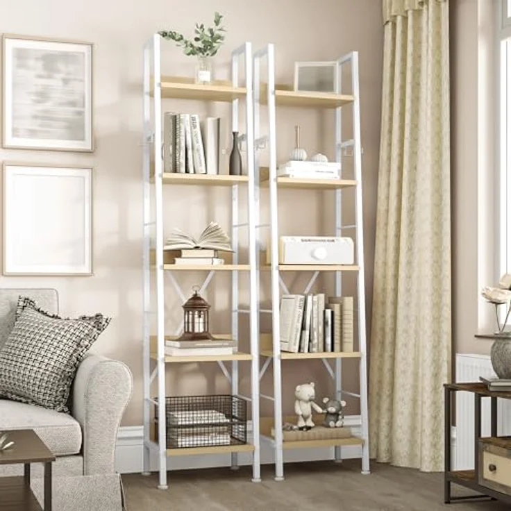 YITAHOME Bücherregal mit 5 Ebenen, industrielles Leiterregal, freistehendes Bücherregale, Holzregale und Metallrahmen, Standregal, modernes Regal für Wohnzimmer, Flur, Büro, Weiß und Eiche – Bild 5