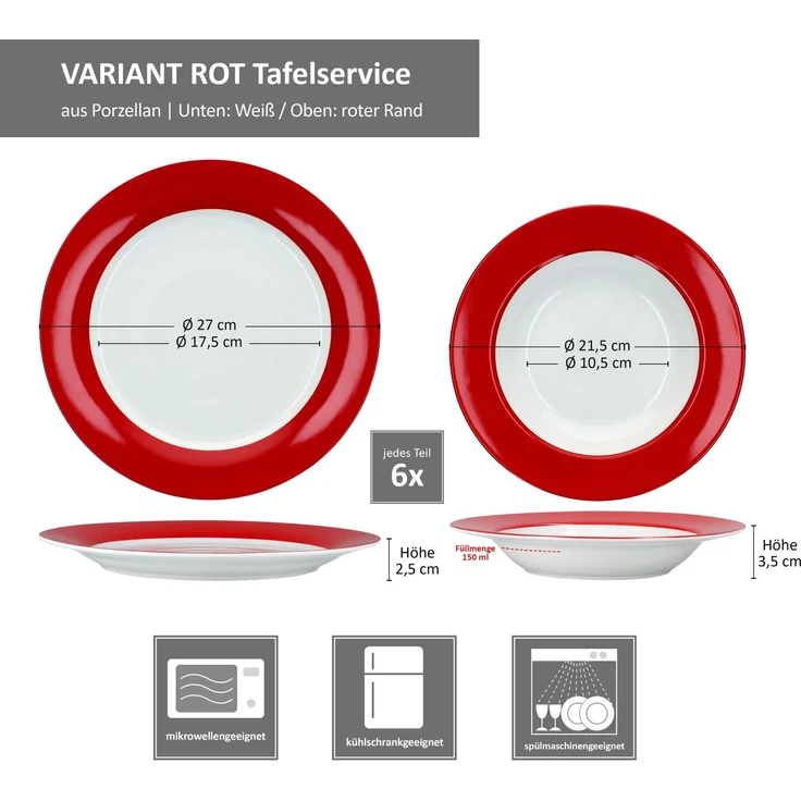 12tlg Tafelservice Variant Rot Porzellan 6 Personen Speiseteller Suppenteller – Bild 6