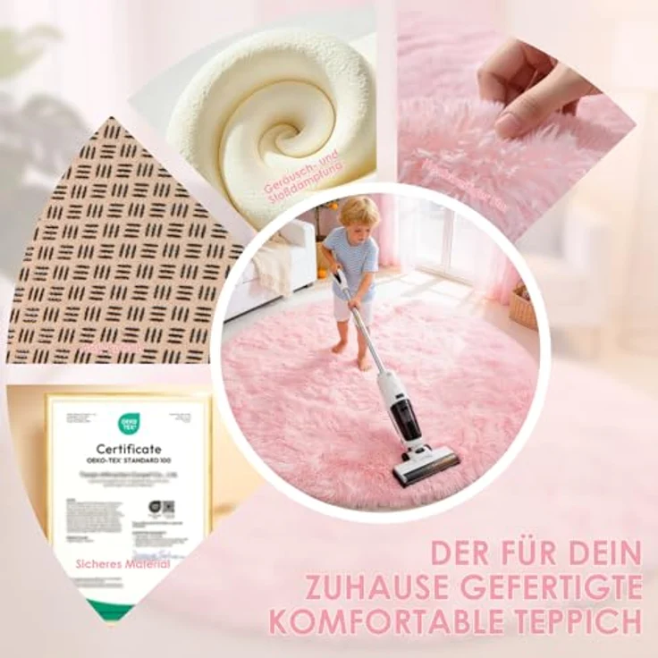ROHATIM Teppich Schlafzimmer Rund 150 cm Rosa Waschbar Rutschfester Runder Hochflorteppich Wohnzimmer Kinderzimmer Mädchen Flauschig – Bild 8