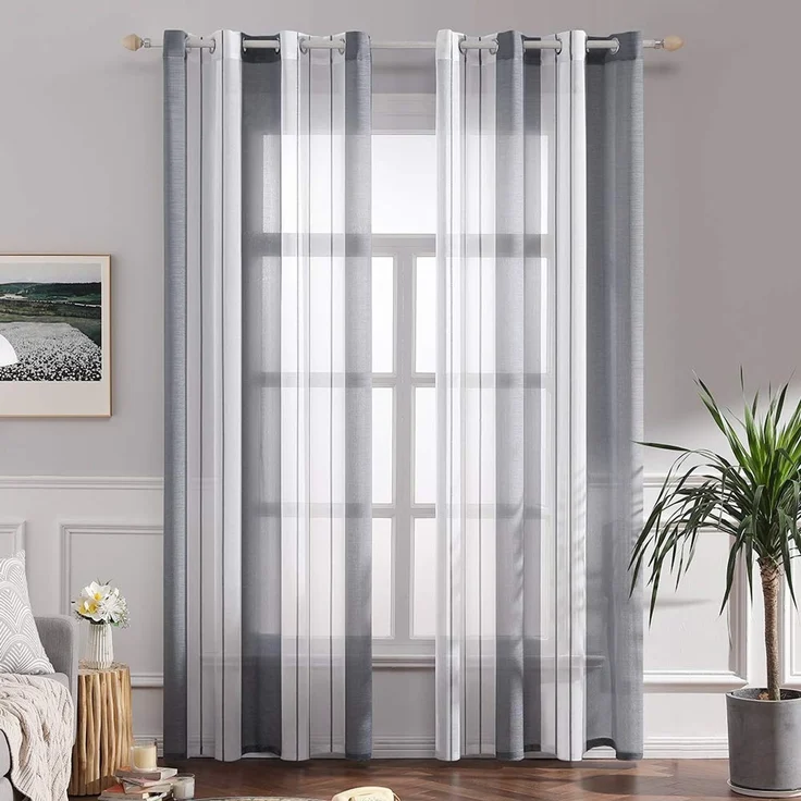 MIULEE Voile Gardinen Grau-Weiß mit Ösen 2er Set 140x260 cm | Halbtransparenter Voile mit Streifenmuster für Wohnzimmer, Schlafzimmer und kleine Fenster.