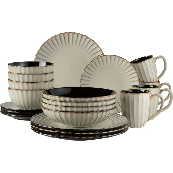Geschirr Set für 4 Personen im modernen Vintage Look, 20-teiliges Kombiservice aus Keramik in Beige mit schwarzen Akzenten
