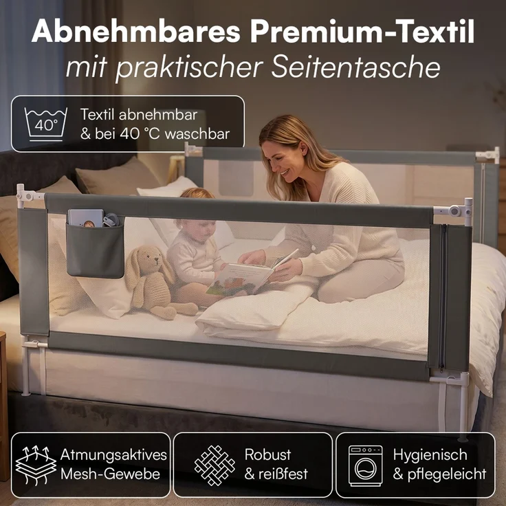 Bellabino 'Drina' Bettschutzgitter mit 2 Sicherheitsgurten, Rausfallschutz klappbar & höhenverstellbar, aus Oxford-Stoff & Metall, 150 cm, dunkelgrau – Bild 5