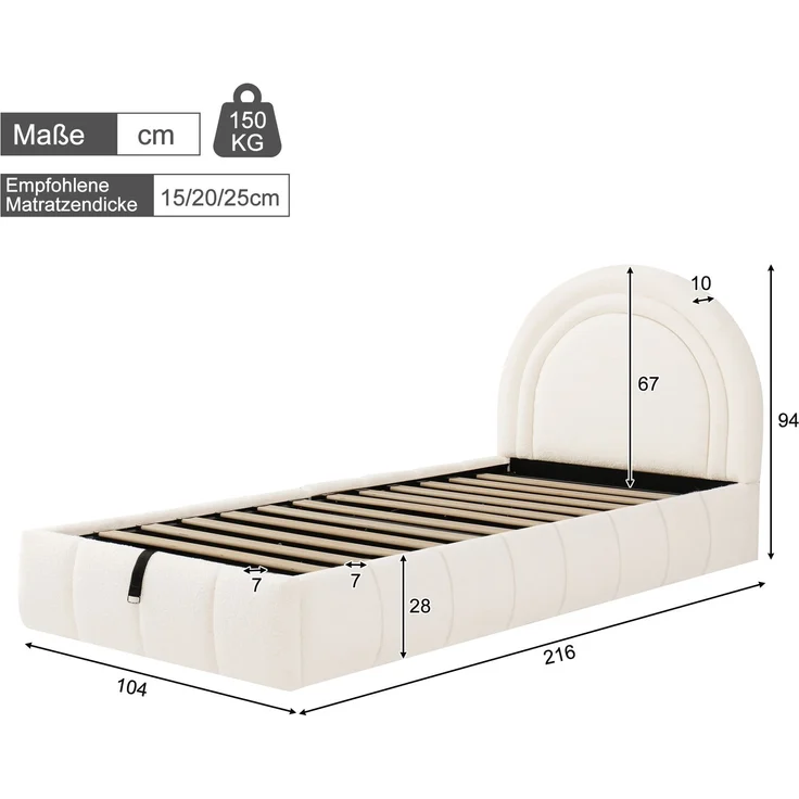 Merax Polsterbett, Einzelbett, Kinderbett 90 x 200cm, hydraulisches Funktionsbett, Bett mit Lattenrost, Kopfteil und großem Stauraum, gepolstertes Kopfteil, bouclé, beige – Bild 4