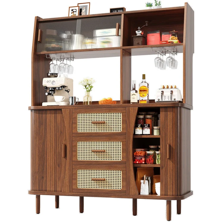 Hochwertiger Buffetschrank mit Rattanoptik & Glasschiebetüren, 174,5cm hoher Küchenschrank mit Stauraum, Naturholz-/Nussbaum-Optik, belastbar bis 60kg – Bild 9