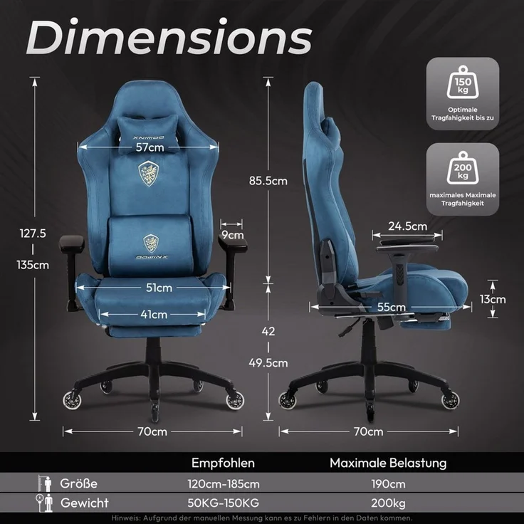 Dowinx Gaming Stuhl,Ergonomischer Wildlederimitat Gamer Chair,Gaming Sessel,Verstellbar Fußstütze und 3D Armlehnen,200KG Tragkraft Bürostuhl mit Geräuschlose Rollen,Schreibtischstuhl,Blau – Bild 2