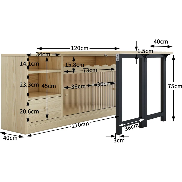 Klappbarer Esstisch mit Stauraum & 360° Drehfunktion, 73,5x40x120 cm, Natur/Schwarz – Bild 10