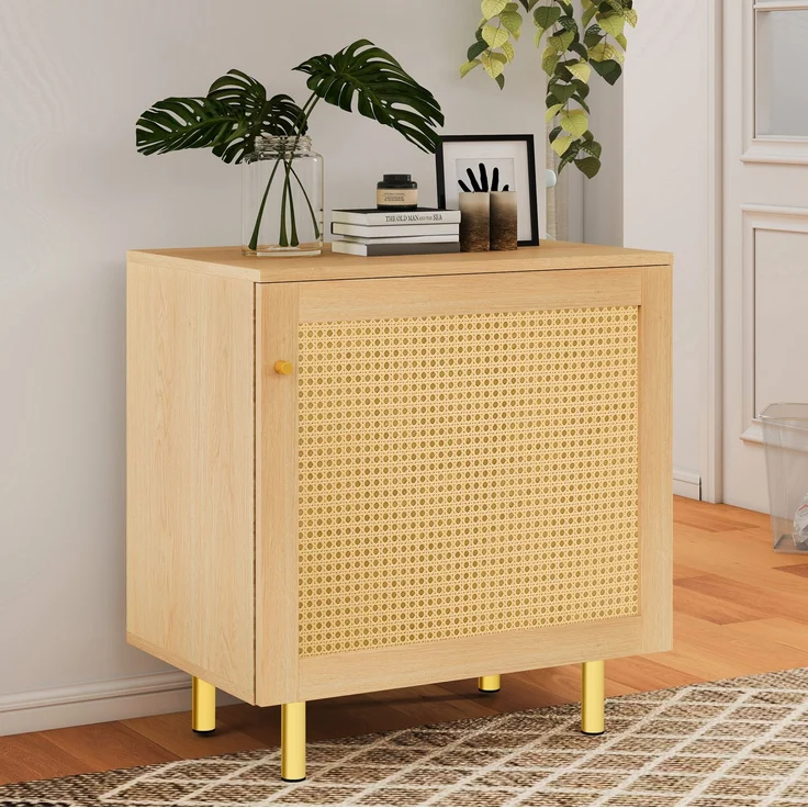 DESVIAE Sideboard mit Rattantür und Einlegeboden 60x63x40 cm MDF Natur – Bild 1